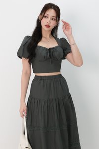 Charlotte Co-ord Crochet Trim Midaxi Skirt in Muted Forest Charlotte Co-ord Crochet Trim Midaxi Skirt in Muted Forest