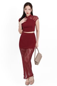 Lexi Lace Cheongsam Co-ord Set in Dark Red Lexi Lace Cheongsam Co-ord Set in Dark Red