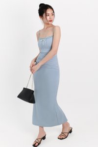 DEFECT | Peonies Padded Ruched Midaxi in Blue in M