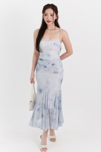 Willow Watercolour Floral Mesh Midaxi in Blue Florals ( Petite Length )