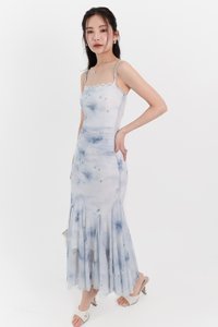 Willow Watercolour Floral Mesh Midaxi in Blue Florals ( Regular Length )