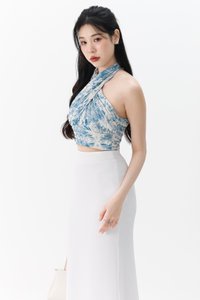 Prissia Pleated Halter Top in Blue Florals