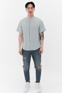 Men Mandarin Collar Shirt in Seafoam Jade