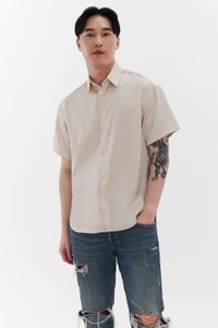DEFECT | Men Collared Satin Shirt in Champagne in M DEFECT | Men Collared Satin Shirt in Champagne in M