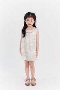 Girl Jacquard Ribbon Dress in White x Cream