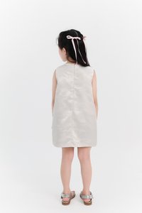 Girl Jacquard Ribbon Dress in White x Cream