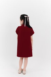 Girl Puffy Sleeve Ribbon Dress in Maroon Girl Puffy Sleeve Ribbon Dress in Maroon