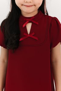 Girl Puffy Sleeve Ribbon Dress in Maroon Girl Puffy Sleeve Ribbon Dress in Maroon