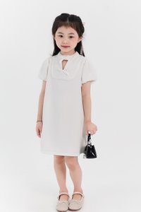 Girl Puffy Sleeve Ribbon Dress in White