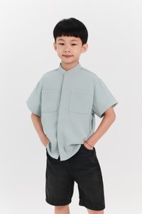 Boy Mandarin Collar Shirt in Seafoam Jade Boy Mandarin Collar Shirt in Seafoam Jade