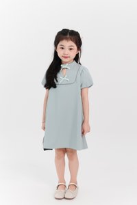 Girl Puffy Sleeve Ribbon Dress in Seafoam Jade Girl Puffy Sleeve Ribbon Dress in Seafoam Jade