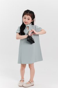 Girl Puffy Sleeve Ribbon Dress in Seafoam Jade Girl Puffy Sleeve Ribbon Dress in Seafoam Jade