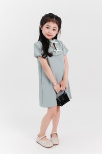 Girl Puffy Sleeve Ribbon Dress in Seafoam Jade Girl Puffy Sleeve Ribbon Dress in Seafoam Jade