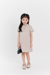 Girl Puffy Sleeve Ribbon Dress in Nude Grey
