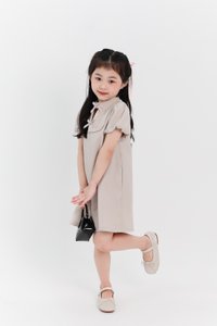Girl Puffy Sleeve Ribbon Dress in Nude Grey