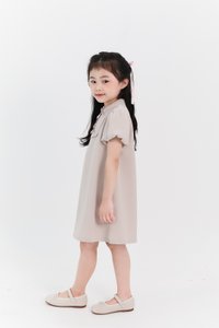 Girl Puffy Sleeve Ribbon Dress in Nude Grey