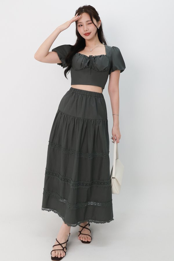 Charlotte Co-ord Crochet Trim Midaxi Skirt in Muted Forest