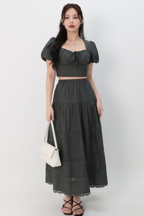 Charlotte Co-ord Crochet Trim Midaxi Skirt in Muted Forest