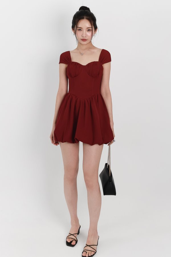 Melody Mesh Bubble Romper Dress in Maroon