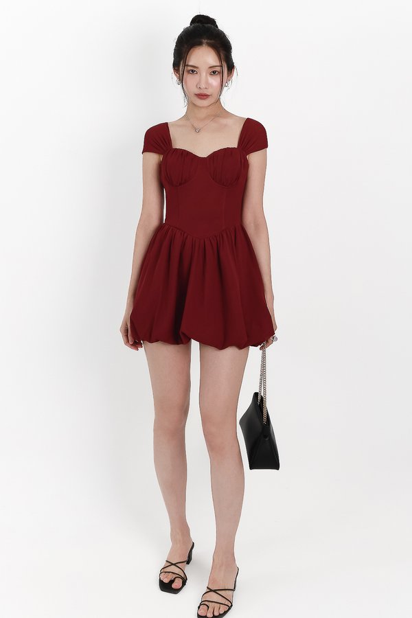 DEFECT | Melody Mesh Bubble Romper Dress in Maroon in S