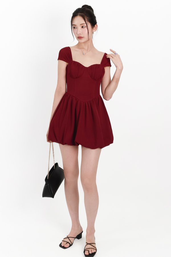 Melody Mesh Bubble Romper Dress in Maroon