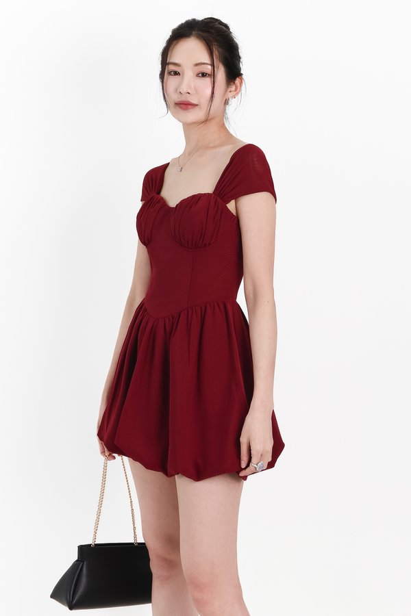 Melody Mesh Bubble Romper Dress in Maroon