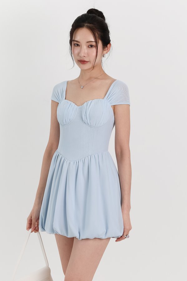 Melody Mesh Bubble Romper Dress in Light Blue