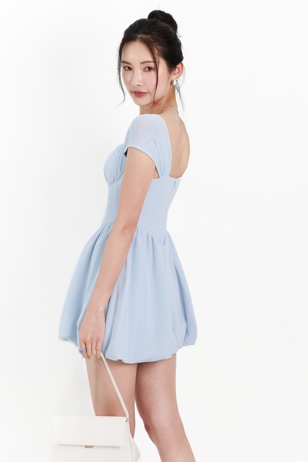 DEFECT | Melody Mesh Bubble Romper Dress in Light Blue in L