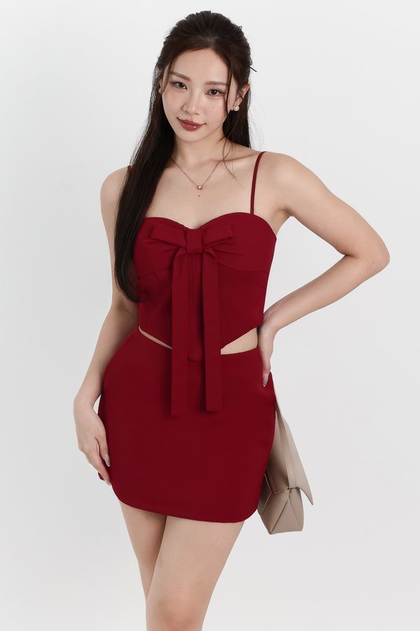 Caroline Co-ord Ribbon Top in Dark Red