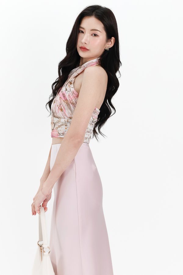 DEFECT | Prissia Pleated Halter Top in Pink Butterfly in XS & S