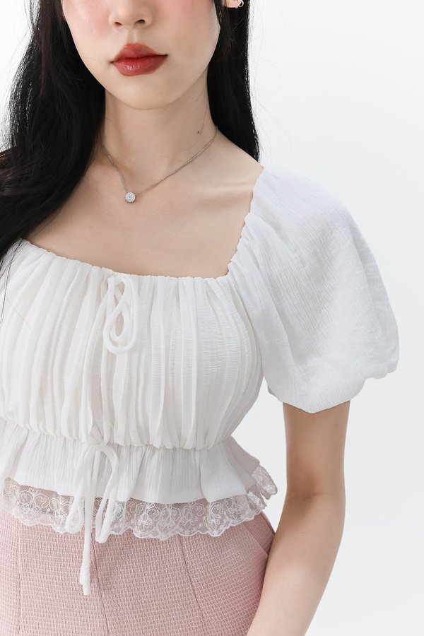 Patricia Pleated Sleeved Top in White