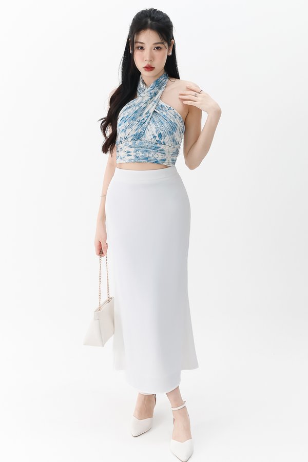 DEFECT | Prissia Pleated Halter Top in Blue Florals in XS