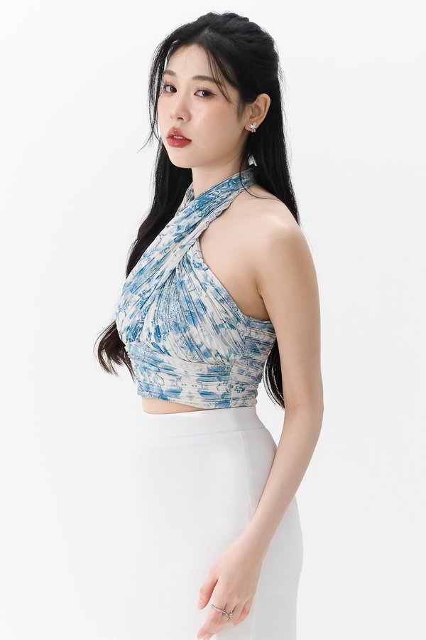 DEFECT | Prissia Pleated Halter Top in Blue Florals in XS