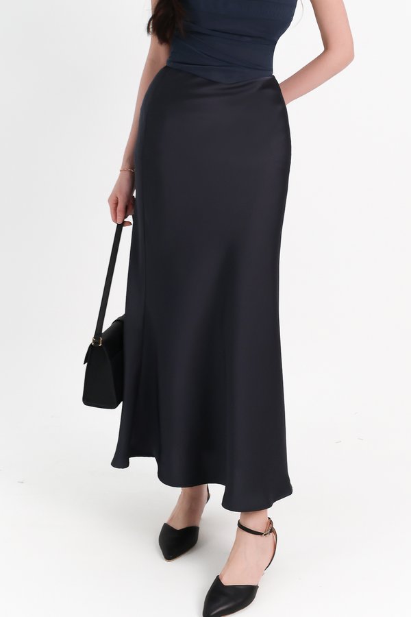 Chelsea Co-ord Satin Skirt in Midnight Steel ( Regular Length )