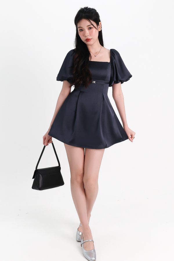 Peycie Puffy Sleeve Romper Dress in Midnight Steel