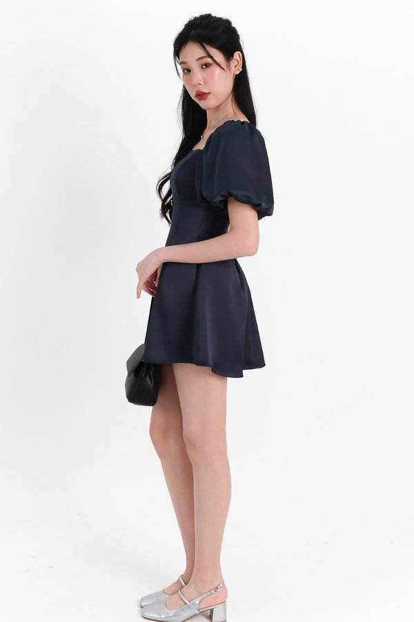 DEFECT | Peycie Puffy Sleeve Romper Dress in Midnight Steel in S