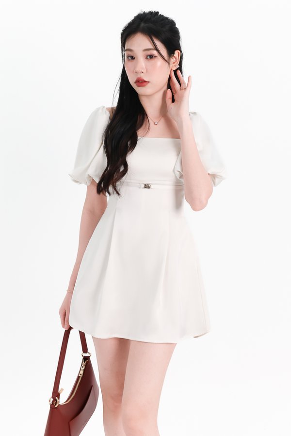 Peycie Puffy Sleeve Romper Dress in Pearl White