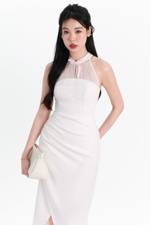 Maya Mesh Ruched Dress in White