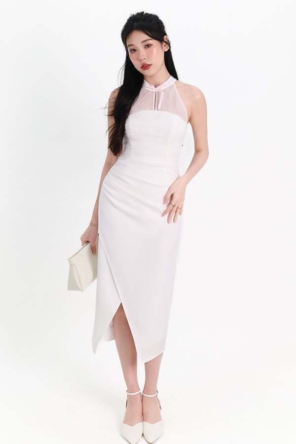 Maya Mesh Ruched Dress in White