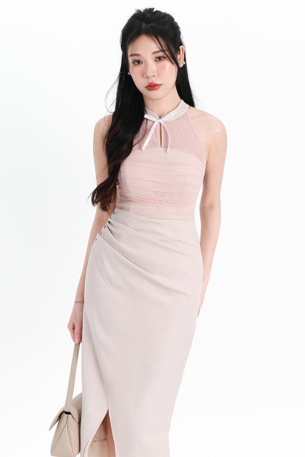 Maya Mesh Ruched Dress in Nude Grey