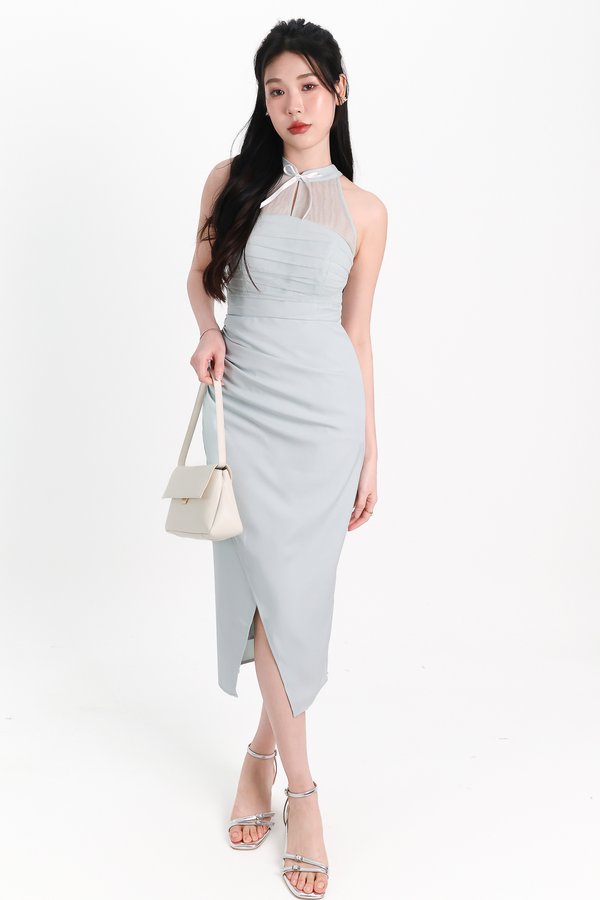 Maya Mesh Ruched Dress in Seafoam Jade