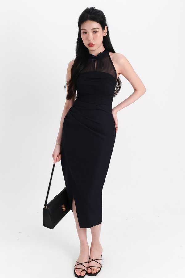 Maya Mesh Ruched Dress in Midnight