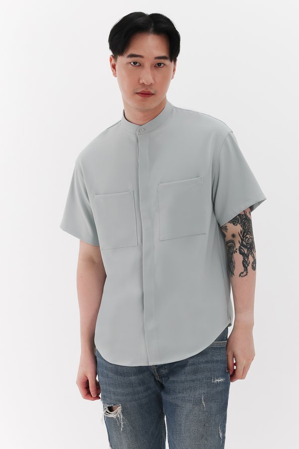 Men Mandarin Collar Shirt in Seafoam Jade