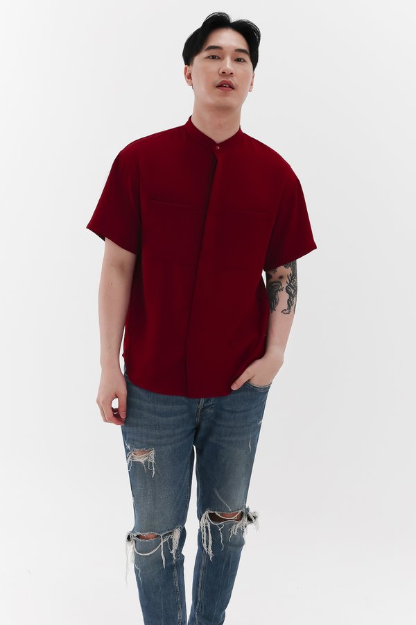 Men Mandarin Collar Shirt in Maroon