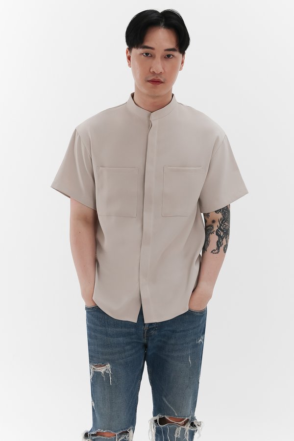 Men Mandarin Collar Shirt in Nude Grey