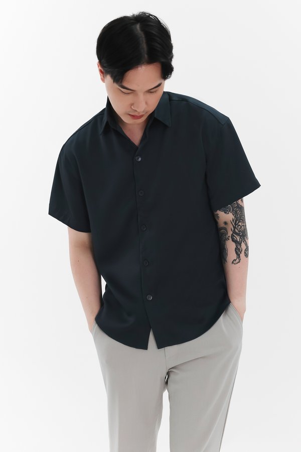 Men Collared Satin Shirt in Midnight Steel