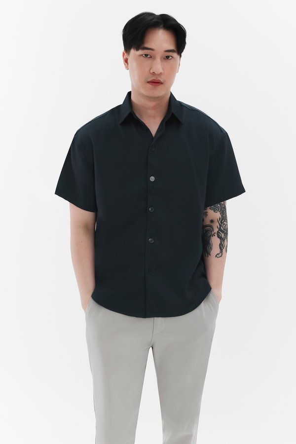 Men Collared Satin Shirt in Midnight Steel