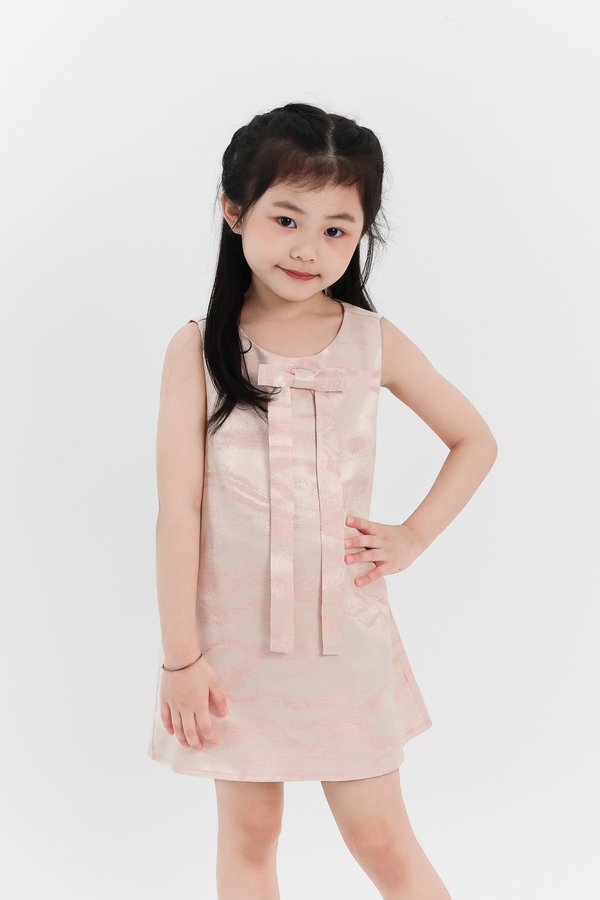 Girl Jacquard Ribbon Dress in Pastel Pink x Light Gold