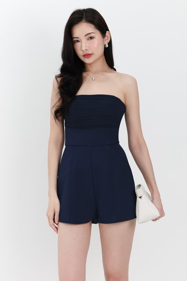 Presley Pleated Tube Romper in Navy