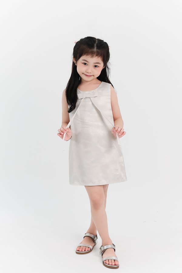 Girl Jacquard Ribbon Dress in White x Cream